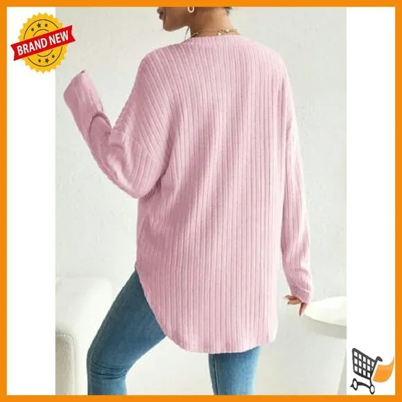 Maternity Long Sleeve Ribbed Knit Button Down Shirt Drop Shoulder V Neck - Picture 3 of 6